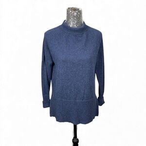 Cashmere Navy Mock Neck Ribbed Tunic Side Slit Sweater Small Minimalist Chic